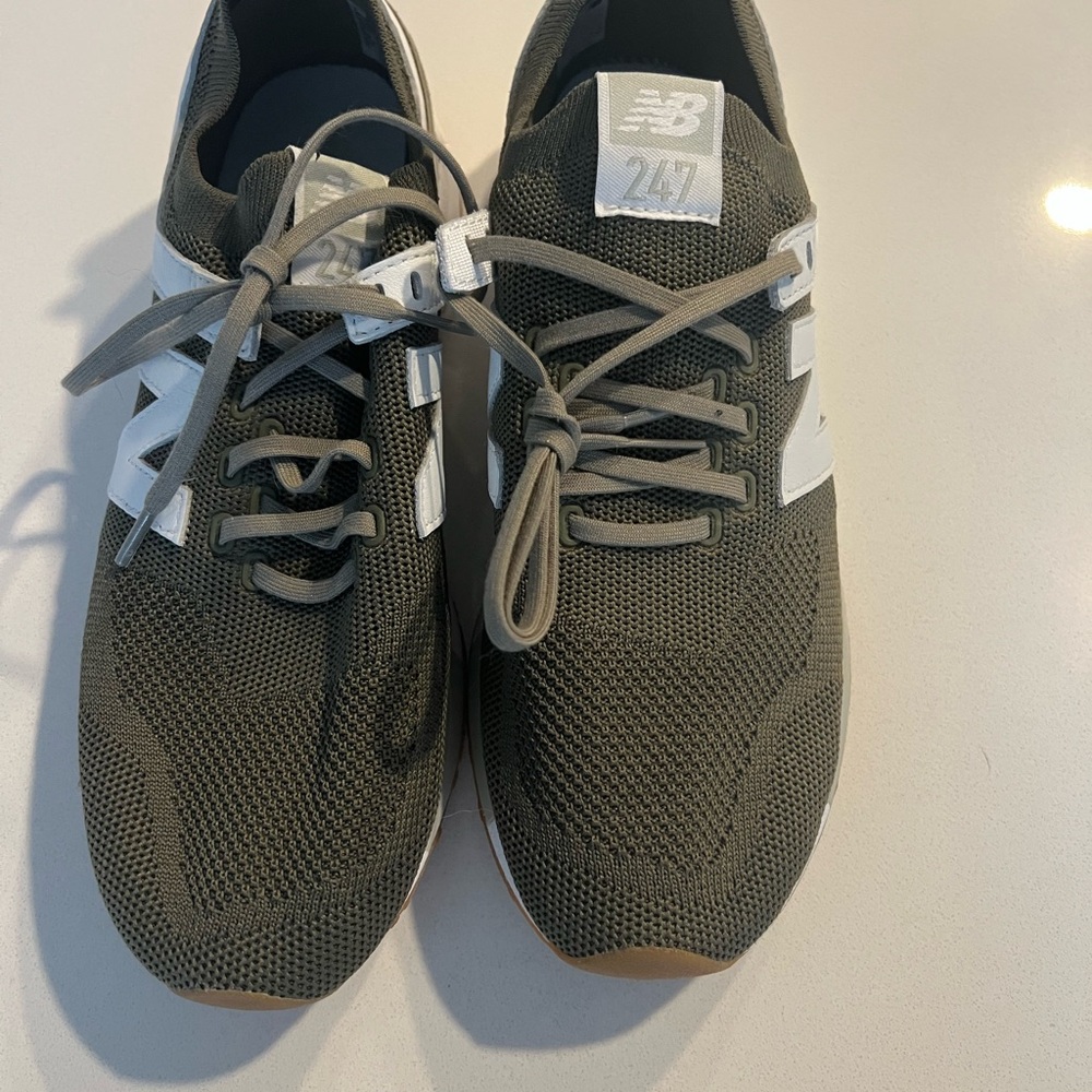 New Balance Khaki and White Sneakers